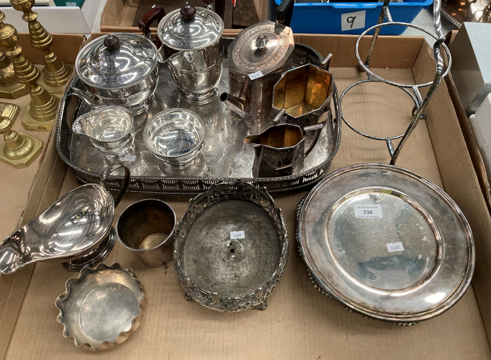 Contents to part of tray - various plated tea and coffee pots, pierced gallery tray, sauce boat,