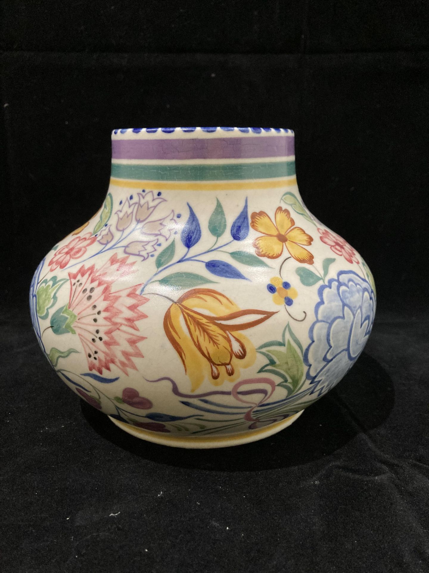 A Poole Pottery blue and cream floral patterned bulbous vase 16cm - chip to rim and a smaller - Image 4 of 5