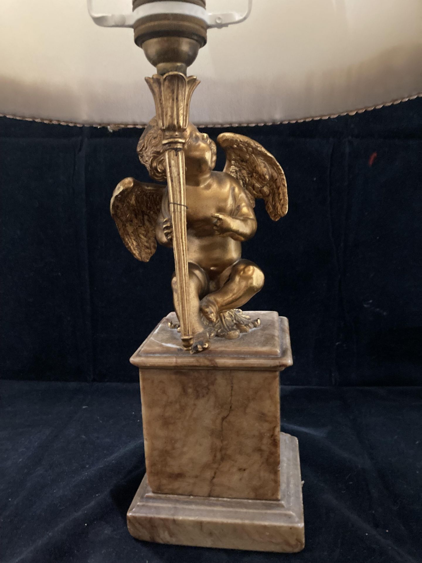 A gilt metal table lamp on brown marble base, - Image 2 of 3