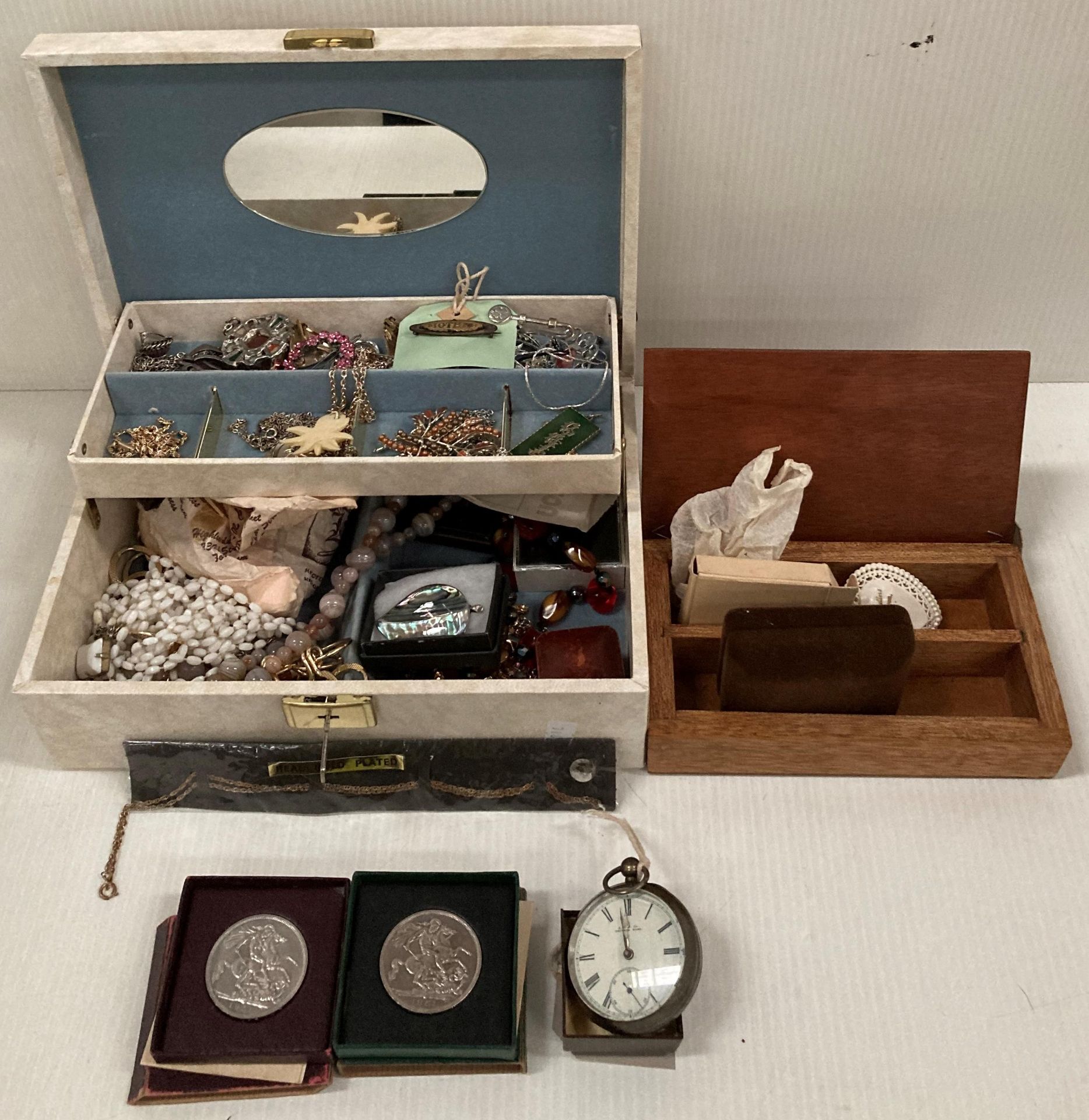 Contents to tray - a Mass pocket watch and two 1951 Festival of Britain silver crown pieces and a