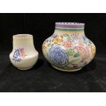 A Poole Pottery blue and cream floral patterned bulbous vase 16cm - chip to rim and a smaller
