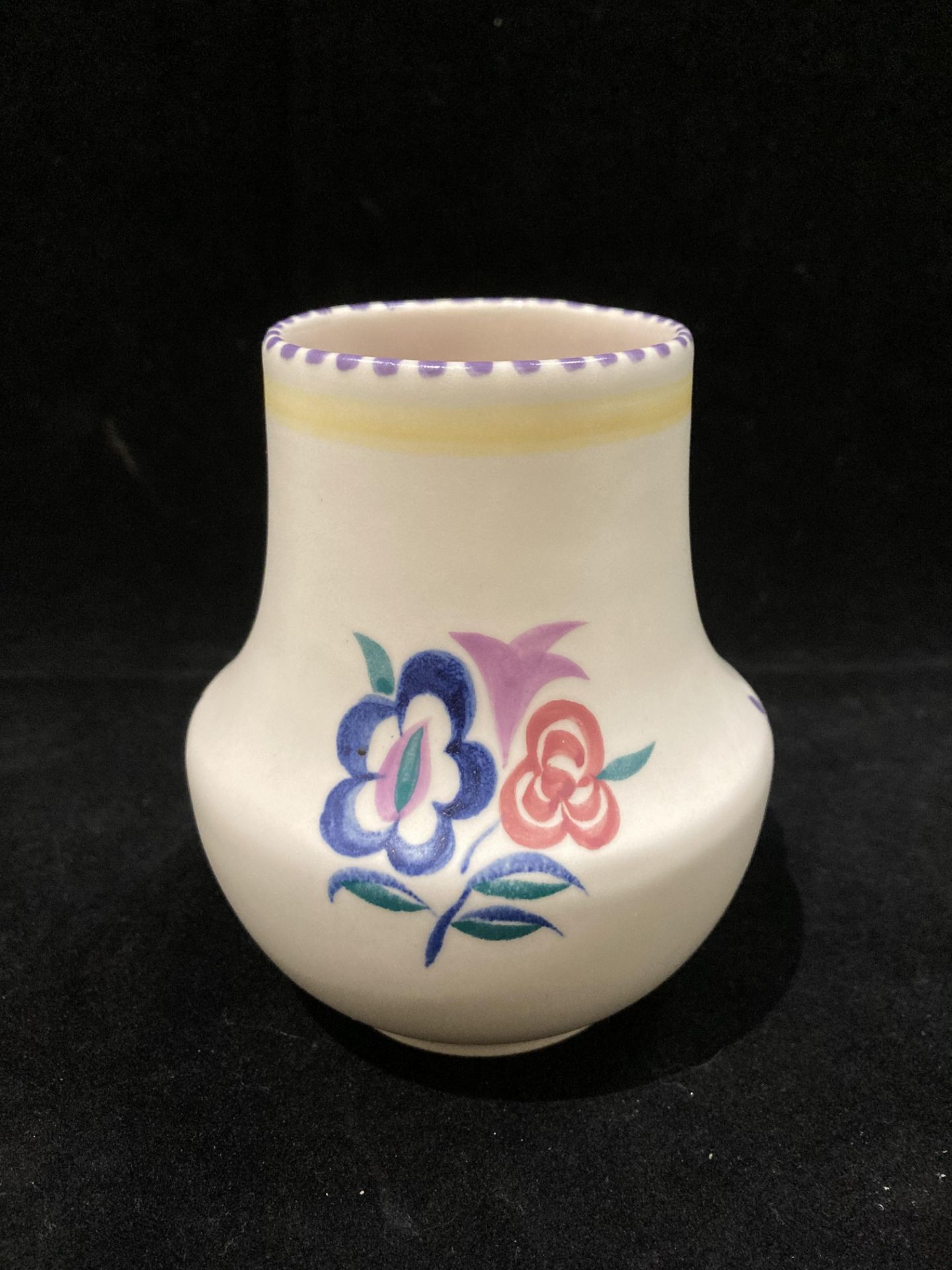 A Poole Pottery blue and cream floral patterned bulbous vase 16cm - chip to rim and a smaller - Image 2 of 5