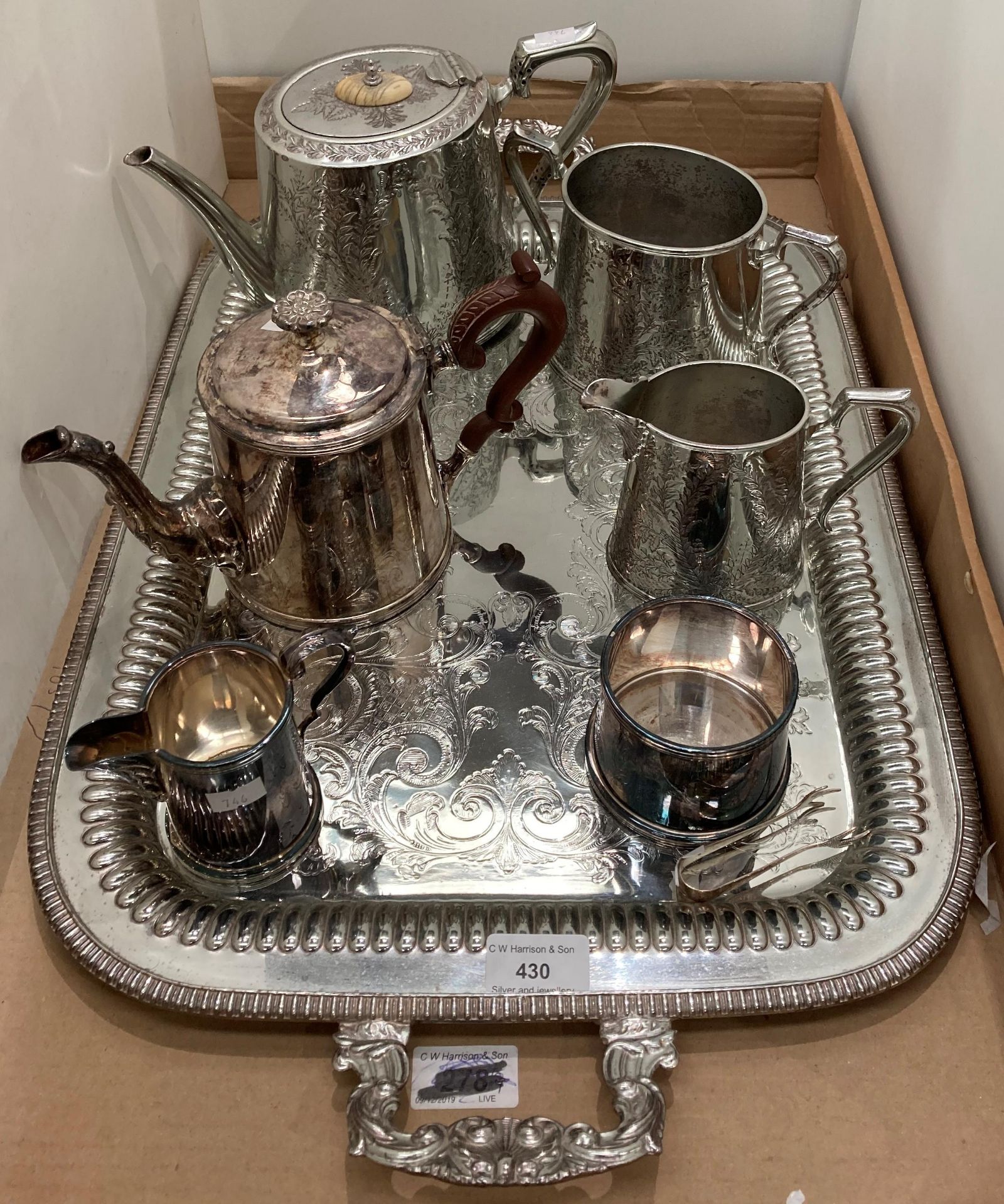 2 x three piece silver plated tea services including tea pot,