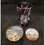 A Victorian slag glass beaker inscribed 'A present from Newcastle Exhibition' 12cm high and two