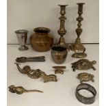 Contents to tray - a silver bangle (33g) and twelve brass animals, candle sticks, vase,