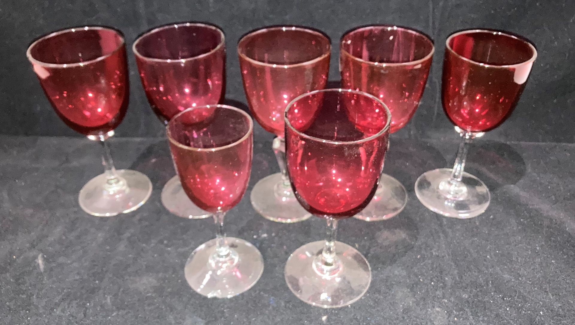 Two cranberry wine glasses with cut glass stems, - Image 2 of 3