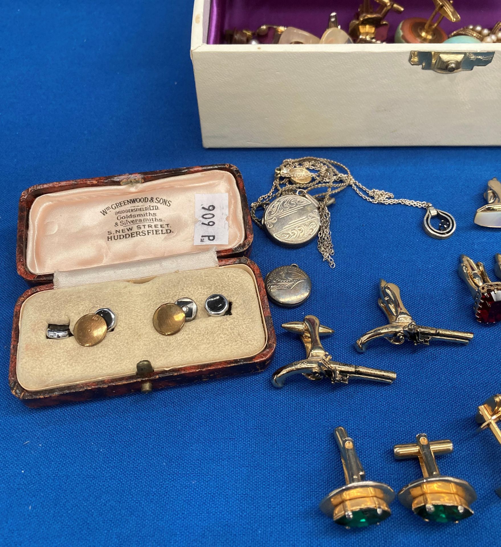 Jewellery box and contents - two silver lockets, a silver chain and pendant with stone, - Image 3 of 4