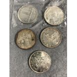 Five Canadian silver dollars dates 1935, 1939, 1954, 1959,