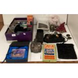 Contents to two boxes - a EPNS condiment set (incomplete) Sirus camera lens, Tasco binoculars,