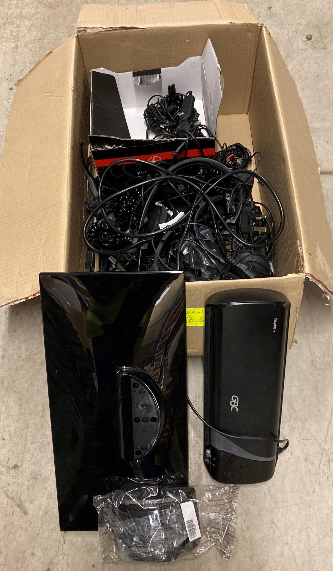 Contents to box - 5 assorted headsets, Dell power supplies,