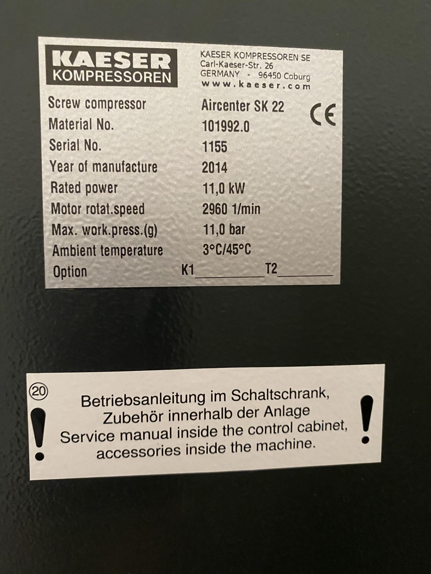 An HPC KAESER SK22 Sigma Aircenter Rotary Screw Compressor, part no. 101992.0, sn. 1155, YOM 2014. - Image 6 of 12