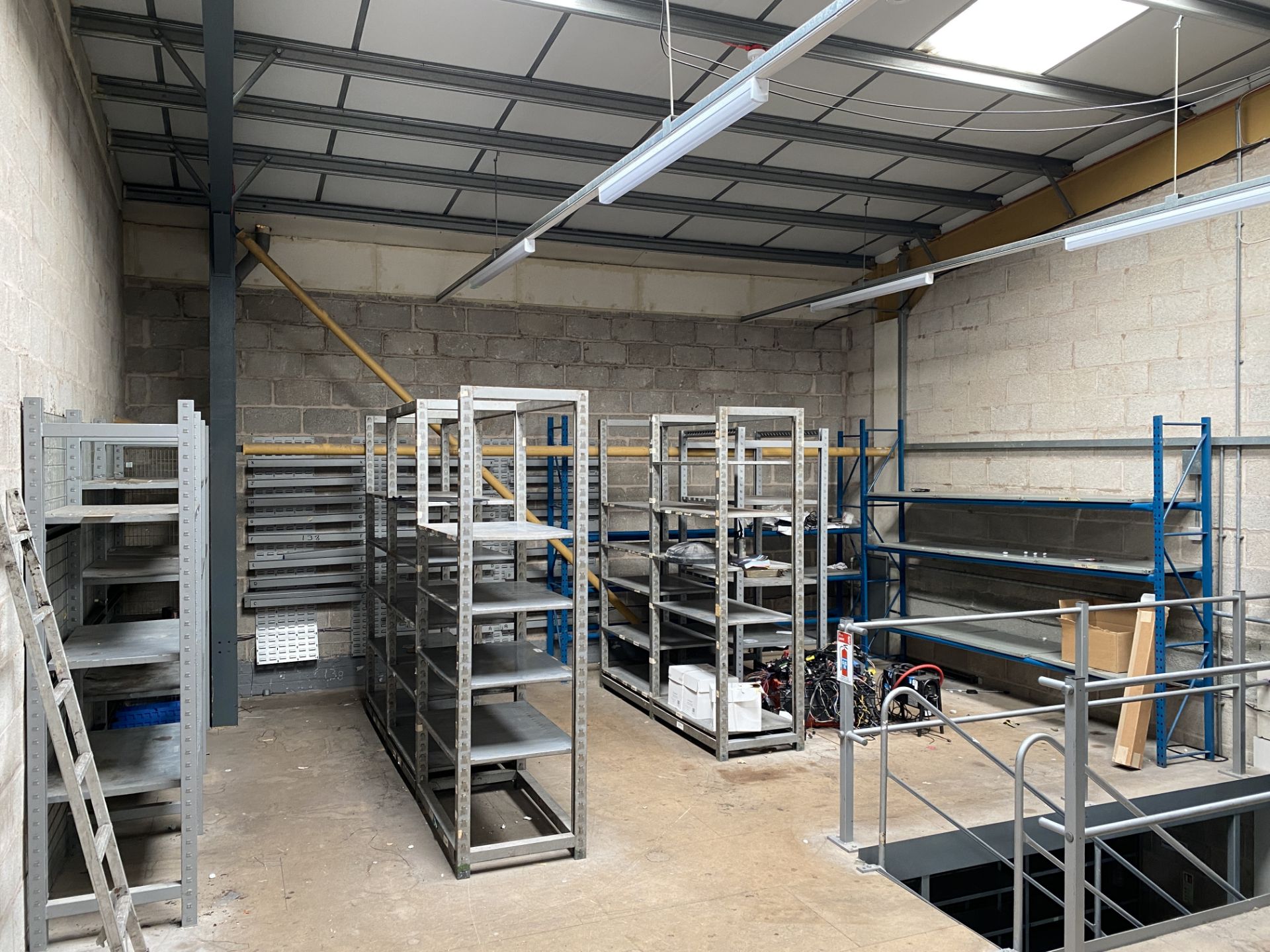 16 x Assorted Bays of Stock Racking with Metal Shelving and a Wall Mounted Storage Bin Holder.