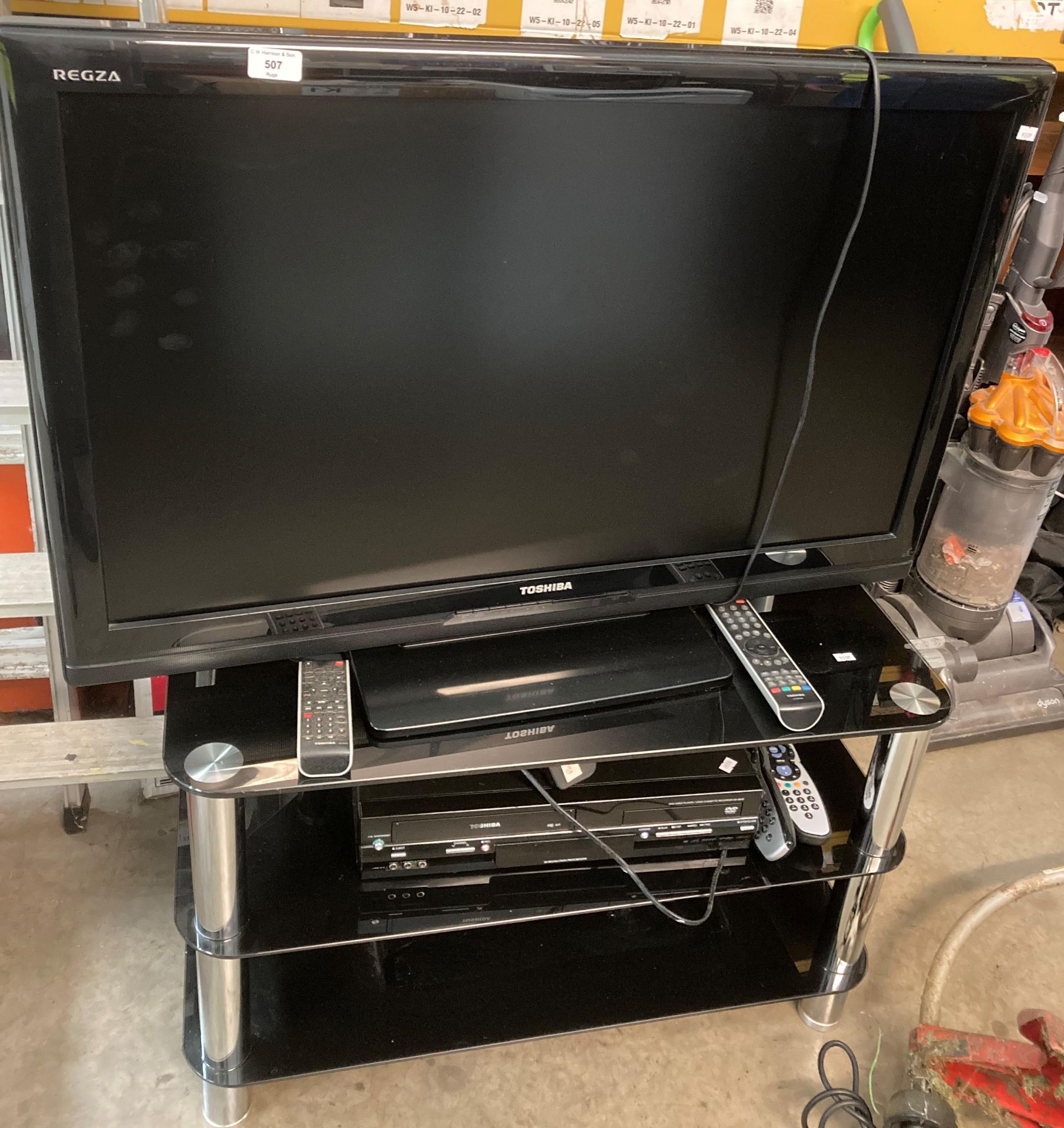 Toshiba Regza LCD TV 37" on glass three shelf stand, - Image 2 of 2