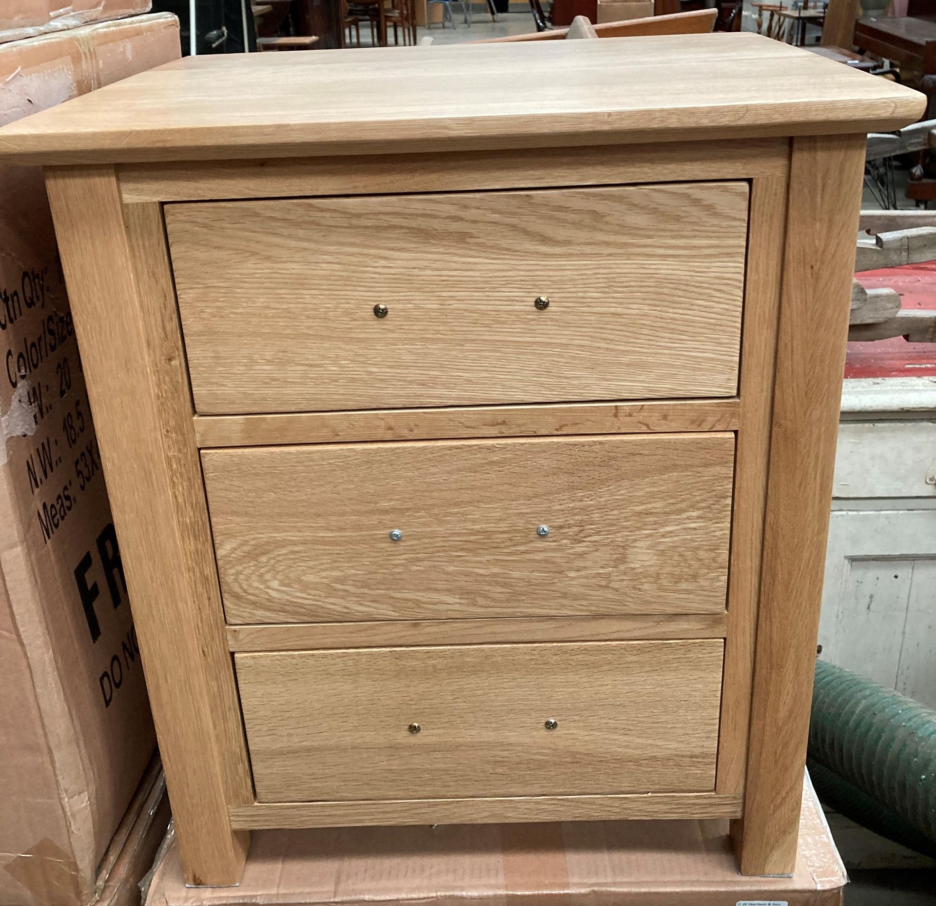 A boxed three drawer oak bedside cabinet 50cm x 40cm x 56. - Image 4 of 4