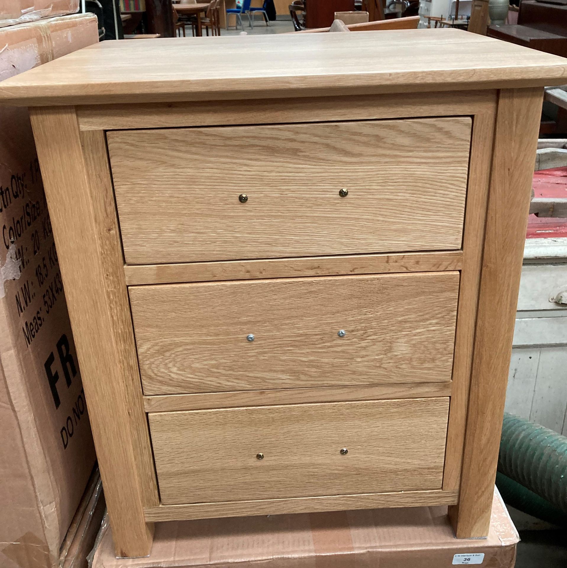 A boxed three drawer oak bedside cabinet 50cm x 40cm x 56. - Image 4 of 4