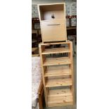 Two items - pine five shelf storage unit and mezzanine effect single door bedside cabinet.