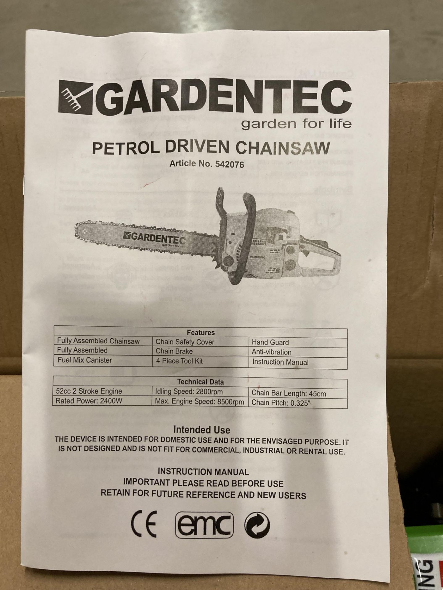 A GardenTec petrol driven chainsaw model no: 542076 boxed - appears unused (L08) - Image 3 of 4
