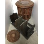 Three wooden items including folding round top octagonal based carved and inlaid table 58cm