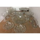 Fifteen items of glassware including pedestal cake stand 26cm diameter, trifle bowl 18cm diameter,