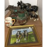 Eight items relating to horses including four ceramic shire horses,