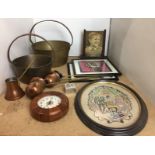 Twelve items including two brass jam pans 27 and 21cm diameter,