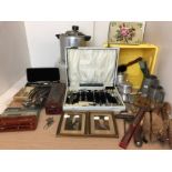 Thirty five items including cutlery canteen containing selection of spoons, boxed geometry set,