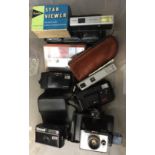 Plastic box and contents including seven cameras - Olympus AF-10 Super with case, Instamatic 50,