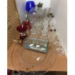 Twenty-five plus items of glassware including four-masted ship in a bottle, lidded wine jug,