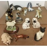 Fourteen items including Beswick fox 6cm high and Siamese cat 11cm high, pair of dogs by Leilo,