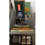 Plastic box and contents - twenty-five plus items relating to golf and games including part filled