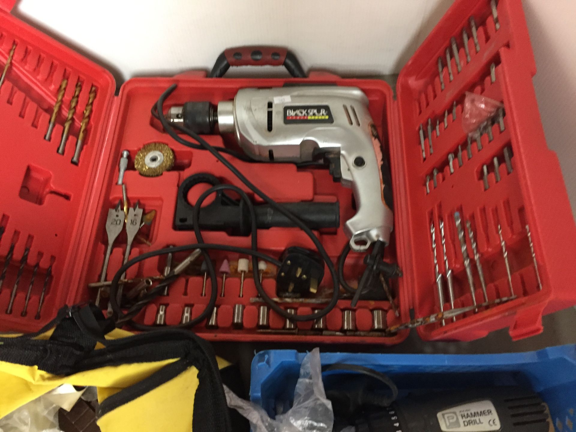 Contents to part of under rack including Black Spur BB-BR116 Z1J-DD7-13 230v drill in case with - Image 2 of 5