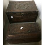 Two wooden boxes- one 36x26x20cm high with Star of David decoration to top, brass corners,