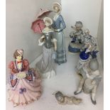 Eight items including two Lladro umbrella ladies 32 & 28cm high (both with damaged and/or repaired