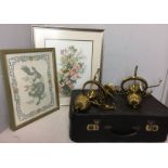 Five items - two brass electric reproduction oil lamp ceiling lights 48cm high,