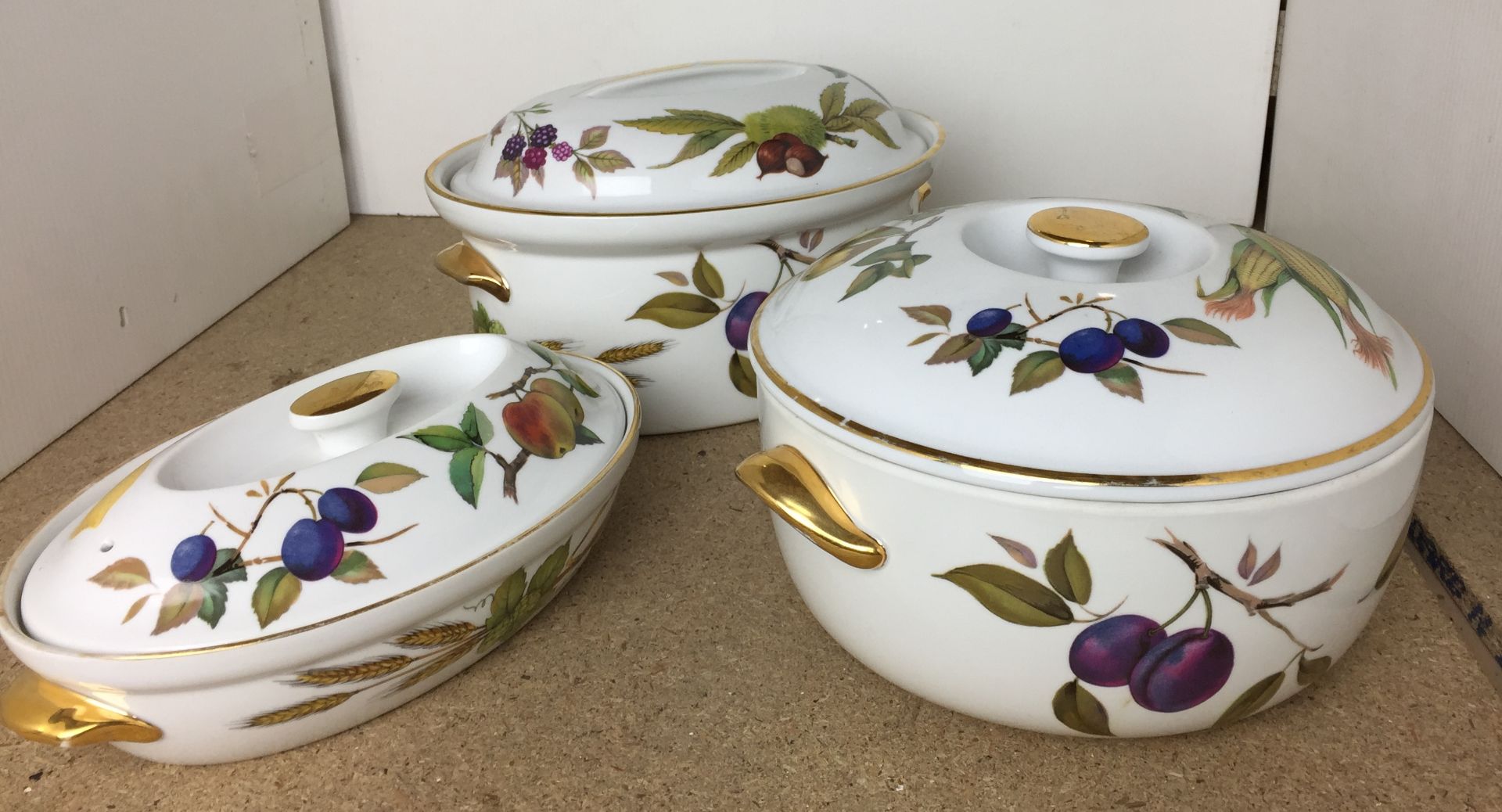 Three pieces Royal Worcester Evesham oven to tableware including two oval lidded tureens,