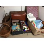 Contents to part of floor area including three fibre suitcases-brown 55x36cm with key, blue 49x30cm,