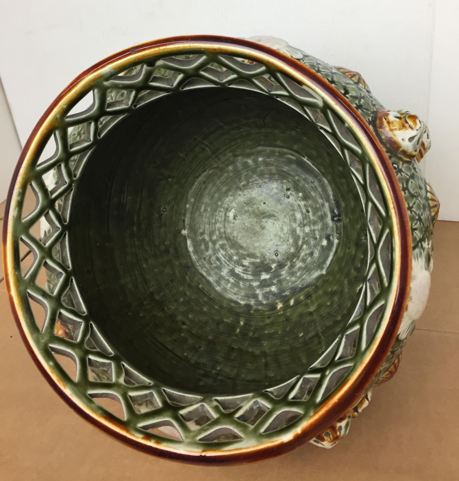 Jardiniere with lattice rim and embossed floral design in green, brown, pink and white, - Image 2 of 3