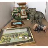 Five items including three elephants ceramic 28cm high, Leonardo Collection 24cm high,