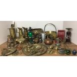 Fifty plus items including brass jam pan 26cm diameter, brass plant pot holder 20cm high,