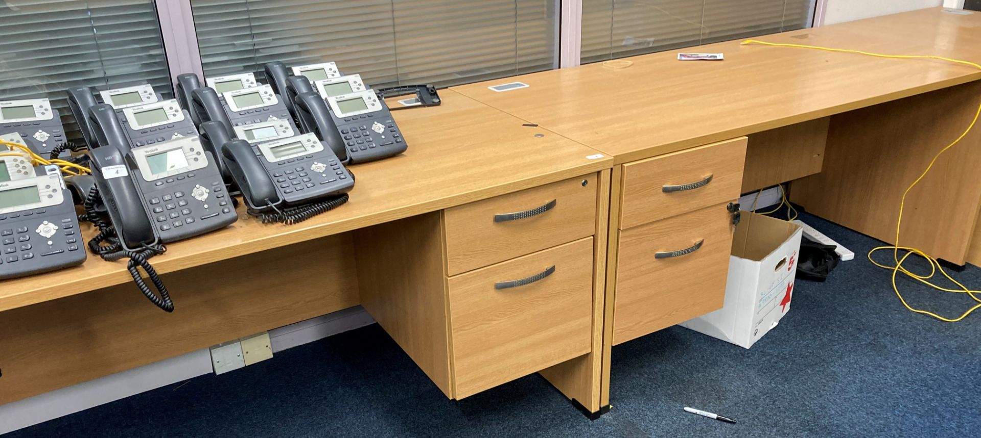 2 x light oak effect single pedestal 2 drawer office desks, 160cm x 80cm.