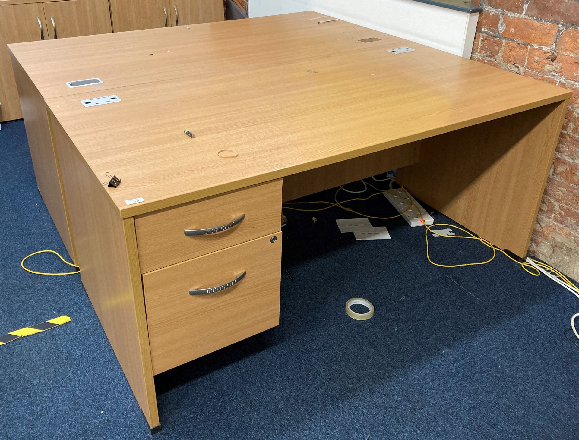 2 x light oak effect single pedestal 2 drawer office desks, 160cm x 80cm.