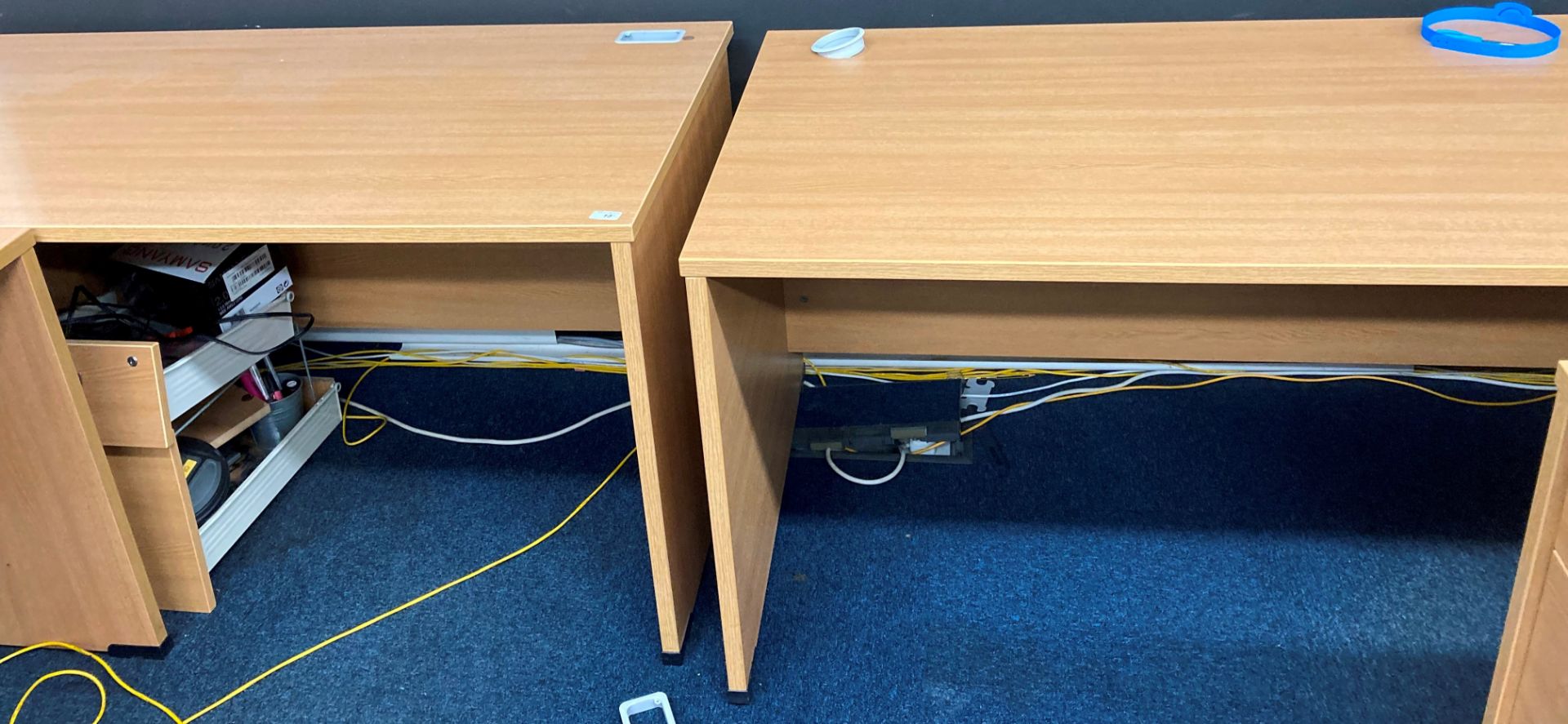 2 x light oak effect desks as seen - drawer missing from one pedestal.