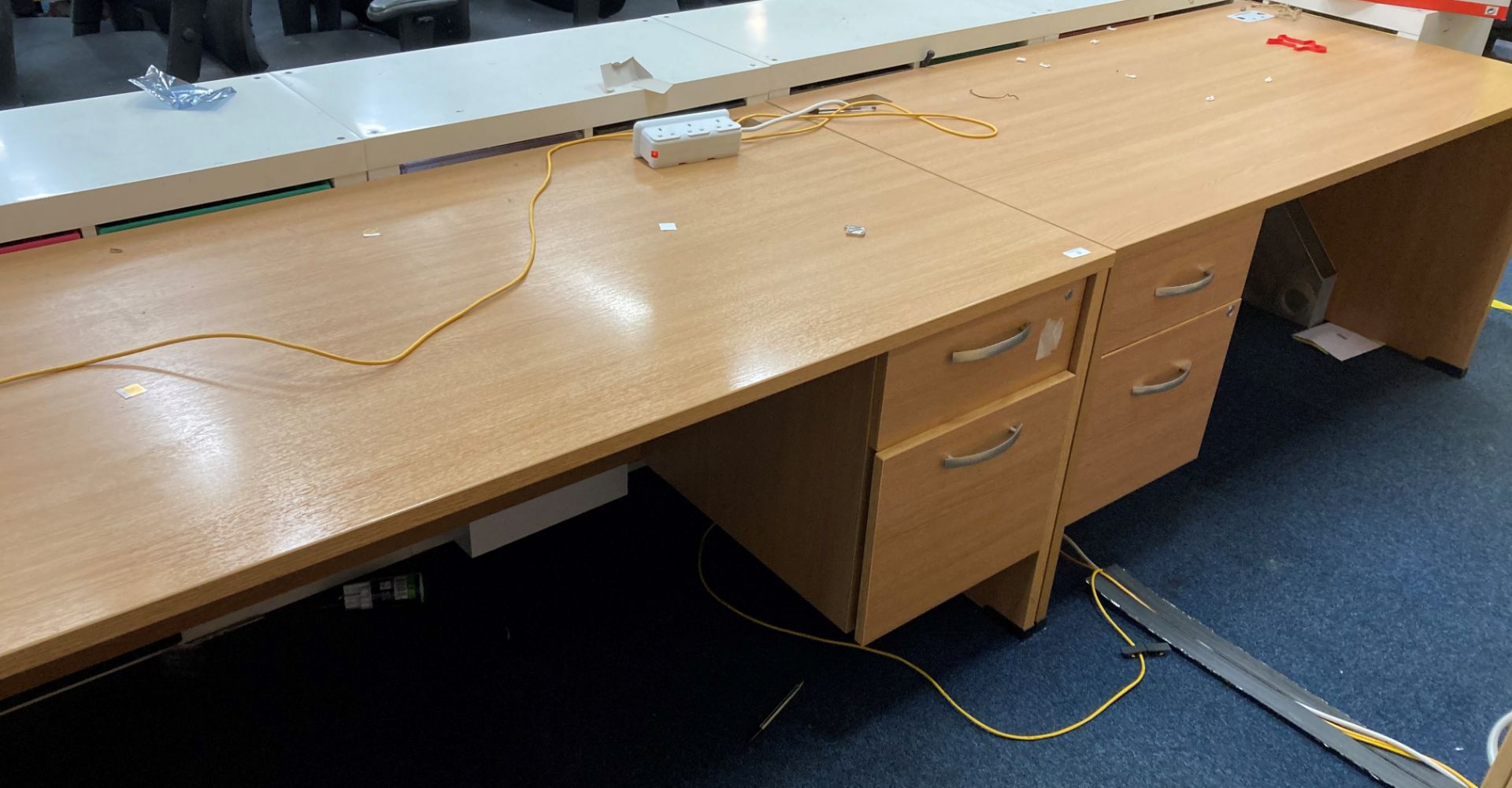 2 x light oak effect single pedestal 2 drawer office desks, 160cm x 80cm.