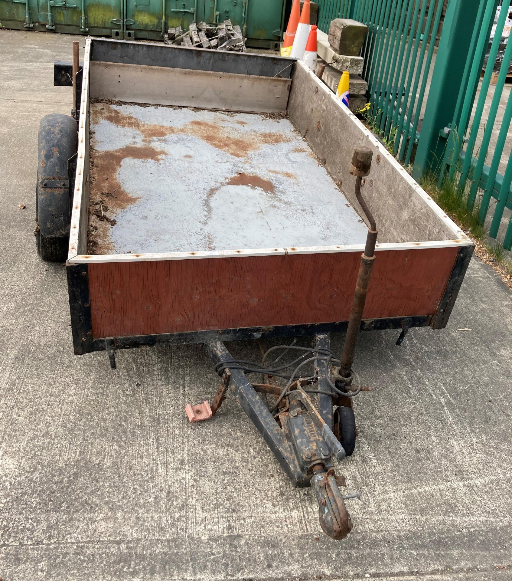 A metal framed single axle trailer with wood sides, 120cm x 200cm x 34cm deep - rusty condition, - Image 2 of 3