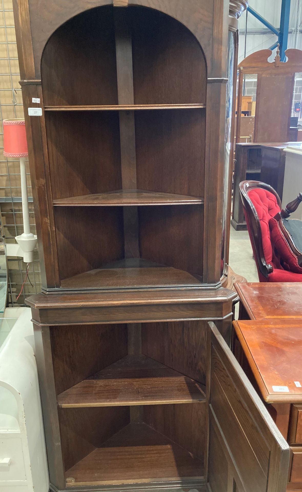 A carved oak standing corner cupboard with three open shelves over single door base, - Image 2 of 4