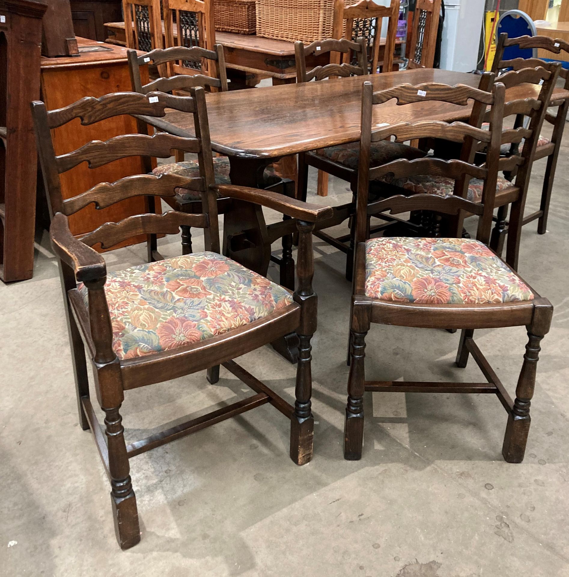 An oak refectory dining table 150cm x 74cm together with six oak ladder back dining chairs (two - Image 7 of 7