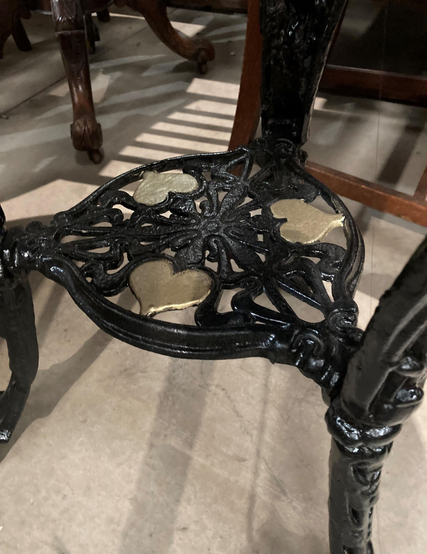 A black metal Britannia circular pub table with brown patterned marble top, - Image 3 of 4