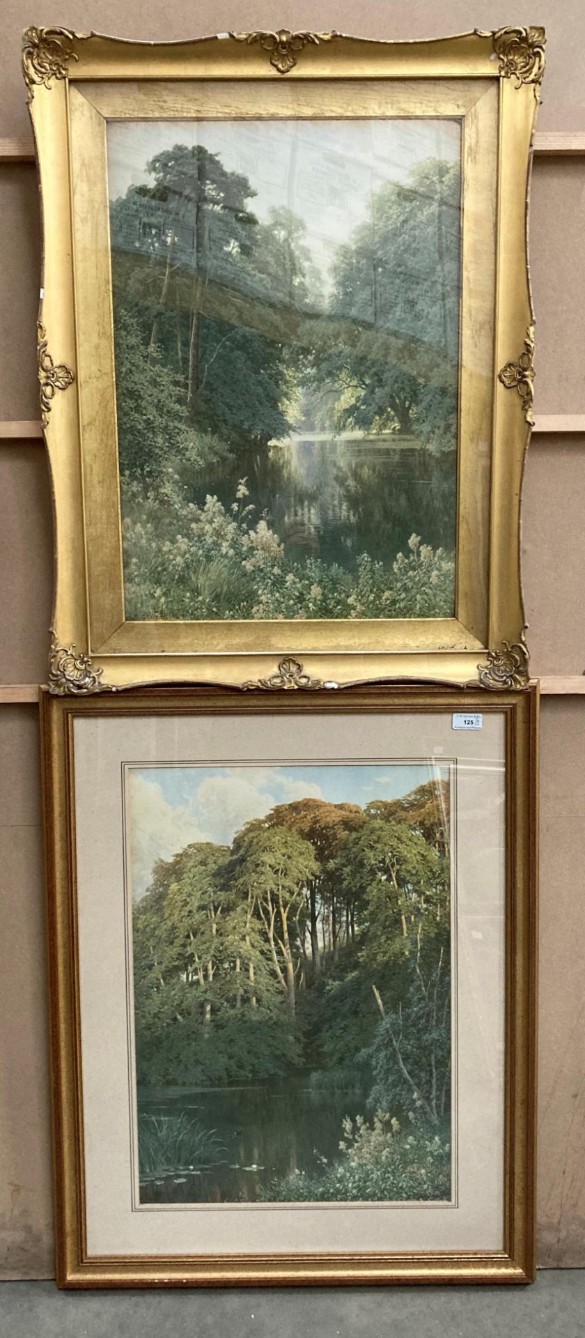 An ornate gilt framed print, Lake in Woodland,