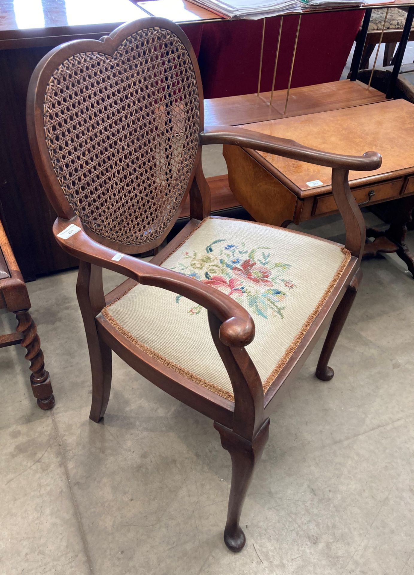 An oak framed armchair with tapestry seat and heart shaped woven back (MS) - Image 2 of 2