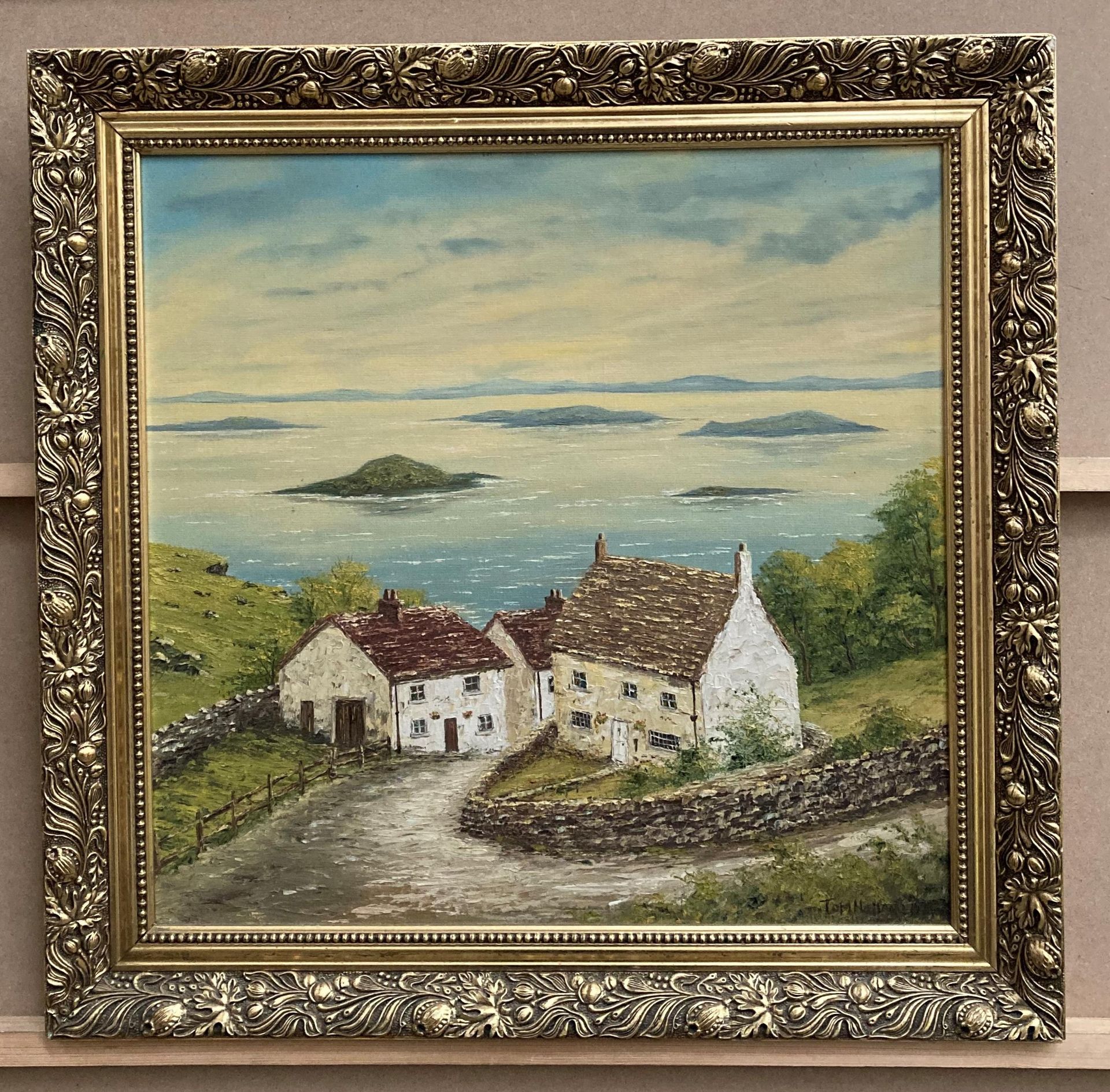 TOM HOLLAND, Cottages by the Sea, gilt framed oil on board, 1978,